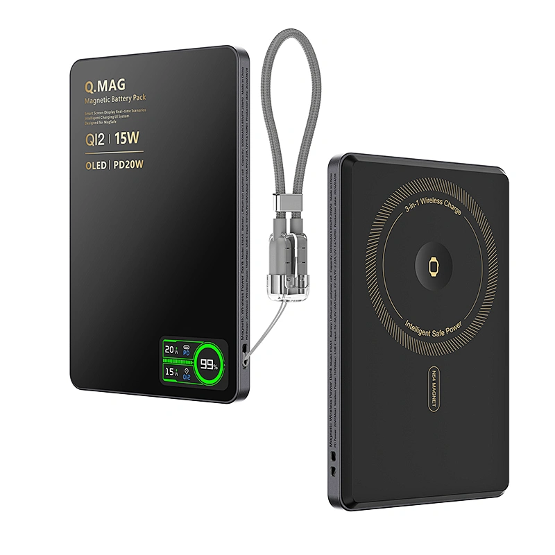 3-in-1 Intelligent TFT Display Ultra Slim Magnetic Wireless Power Bank 5000mAh for iPhone / AirPods / iWatch
