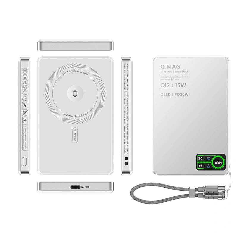 3-in-1 Intelligent TFT Display Ultra Slim Magnetic Wireless Power Bank 5000mAh for iPhone / AirPods / iWatch