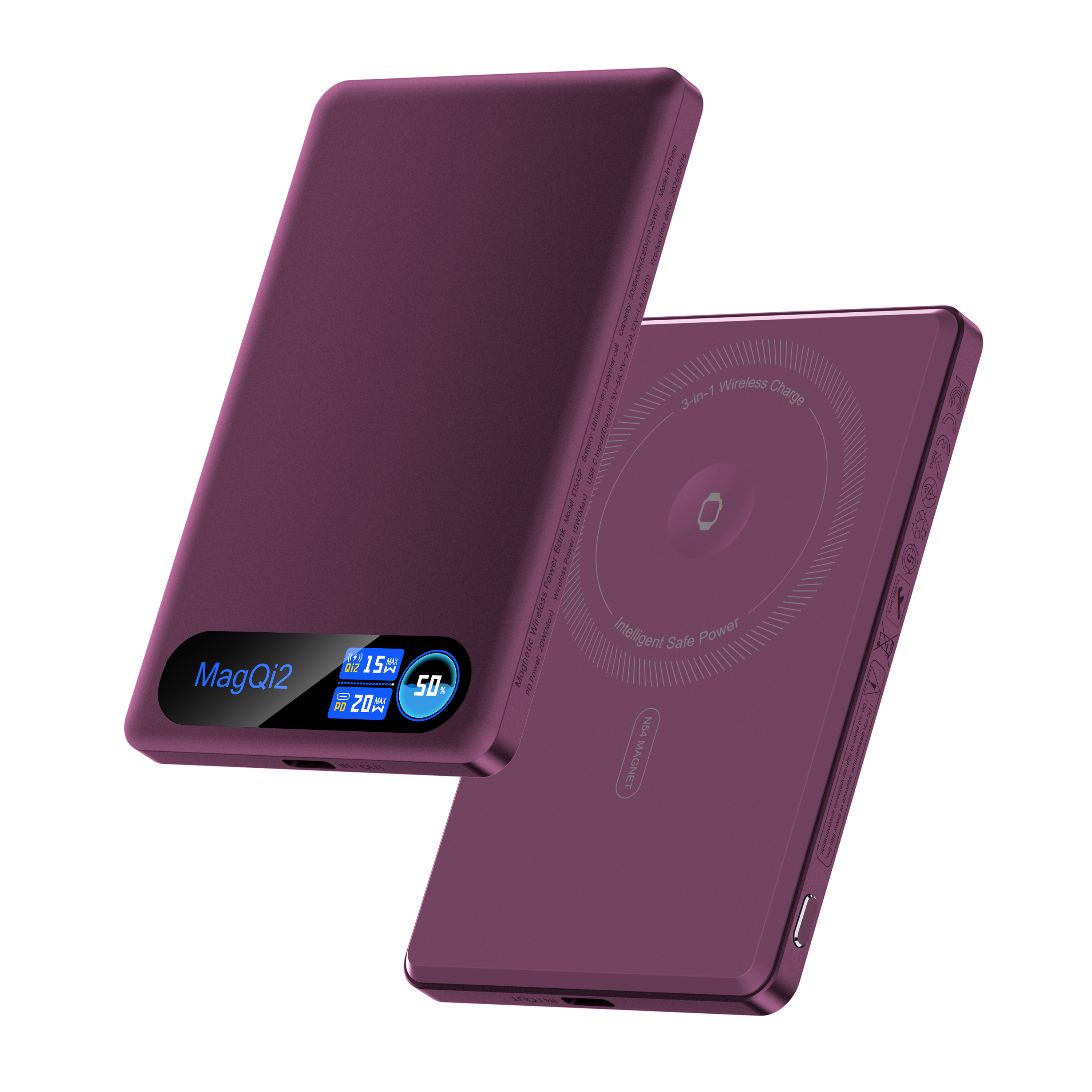 3-in-1 지능형 TFT 디스플레이 초슬림 자석식 무선 보조배터리 5000mAh