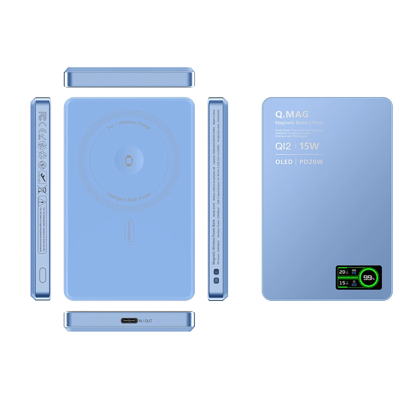 3-in-1 Intelligent TFT Display Ultra Slim Magnetic Wireless Power Bank 5000mAh for iPhone / AirPods / iWatch