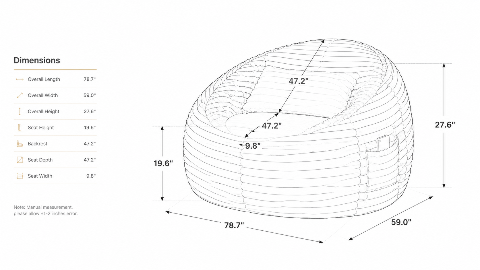 Queen size dimension diagram for WL-BC005 bean bag sofa bed