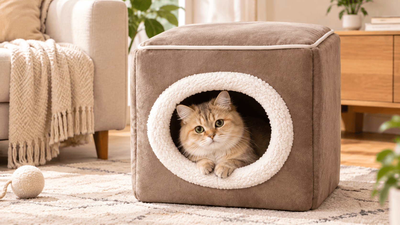 Golden chinchilla cat inside brown suede cat cube