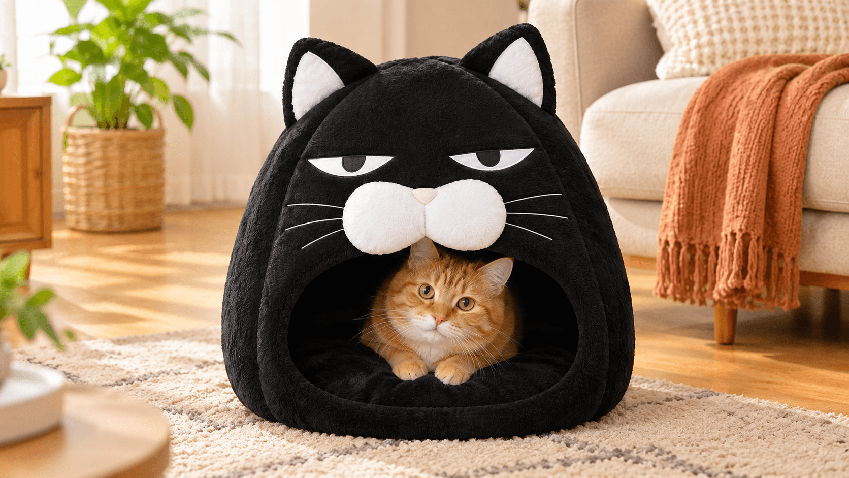 Orange tabby cat inside cat face bed