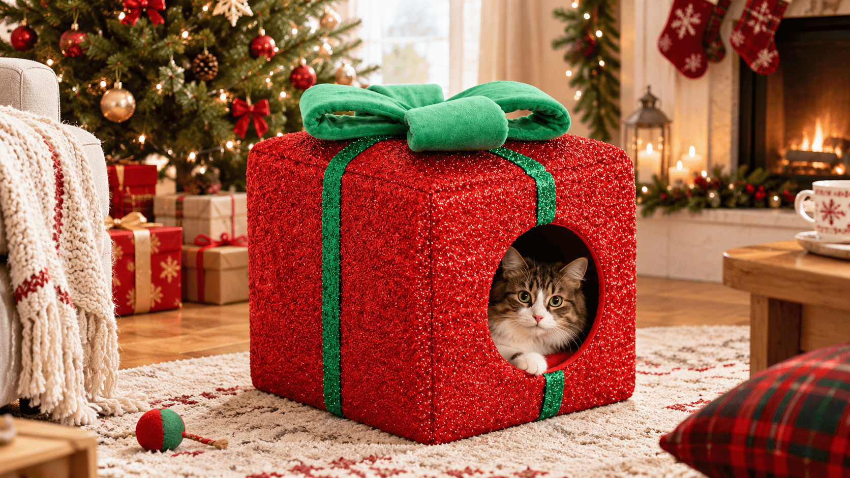 Cat peeking out from gift box cat bed