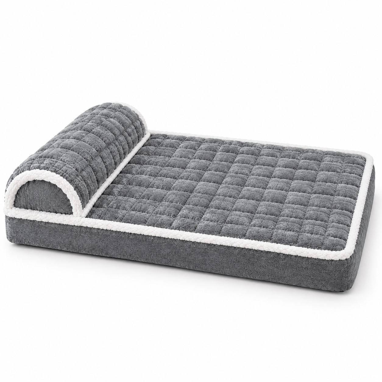 Corgi on gray quilted orthopedic dog bed