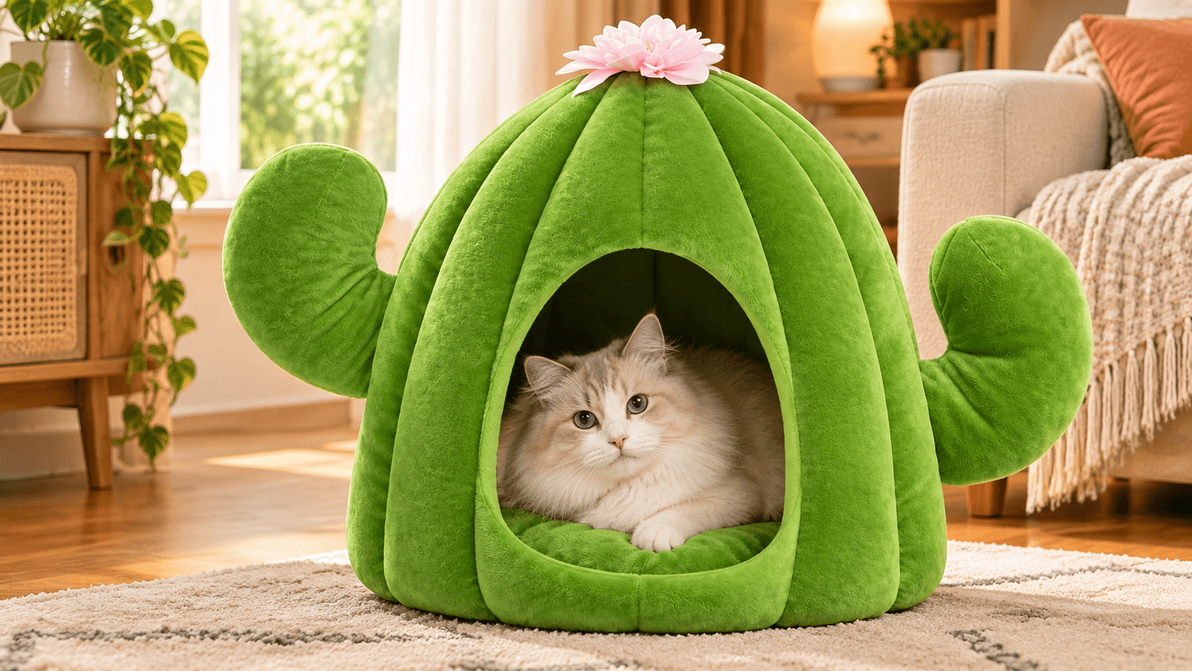 Cream cat inside cactus cat bed