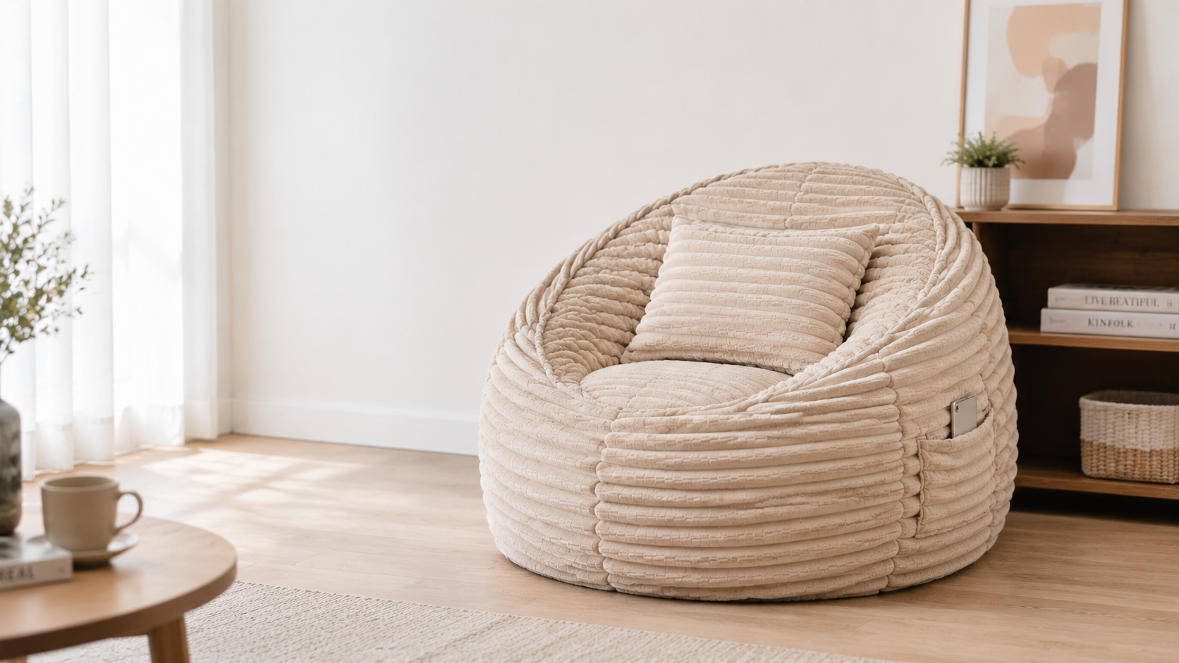 Shredded foam bean bag sofa bed WL-BC005 in beige color, queen size convertible chair