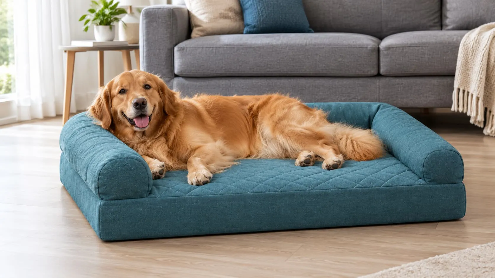 Golden retriever on teal blue bolster dog bed