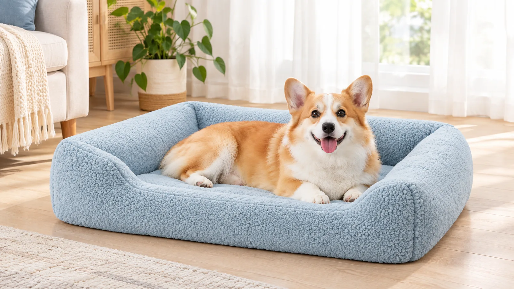 Corgi on mist blue crate bolster bed