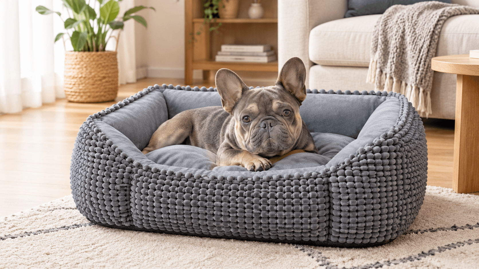 French Bulldog on chunky knit bed
