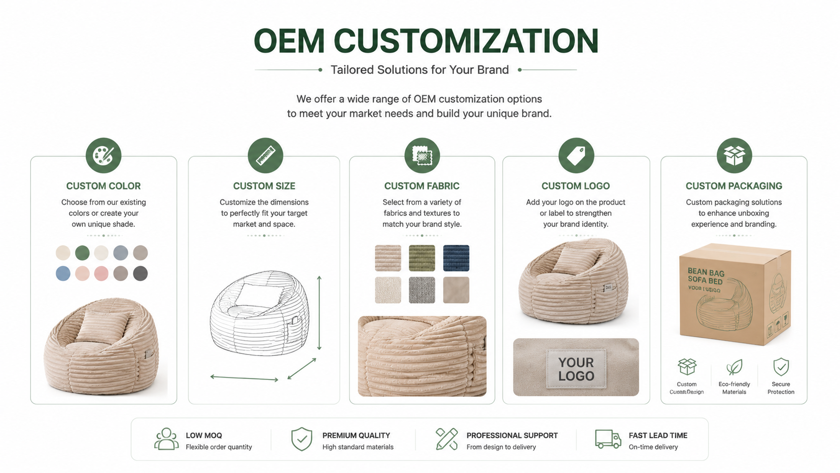 OEM customization service for bean bag sofa: custom colors, fabric, logo, packaging