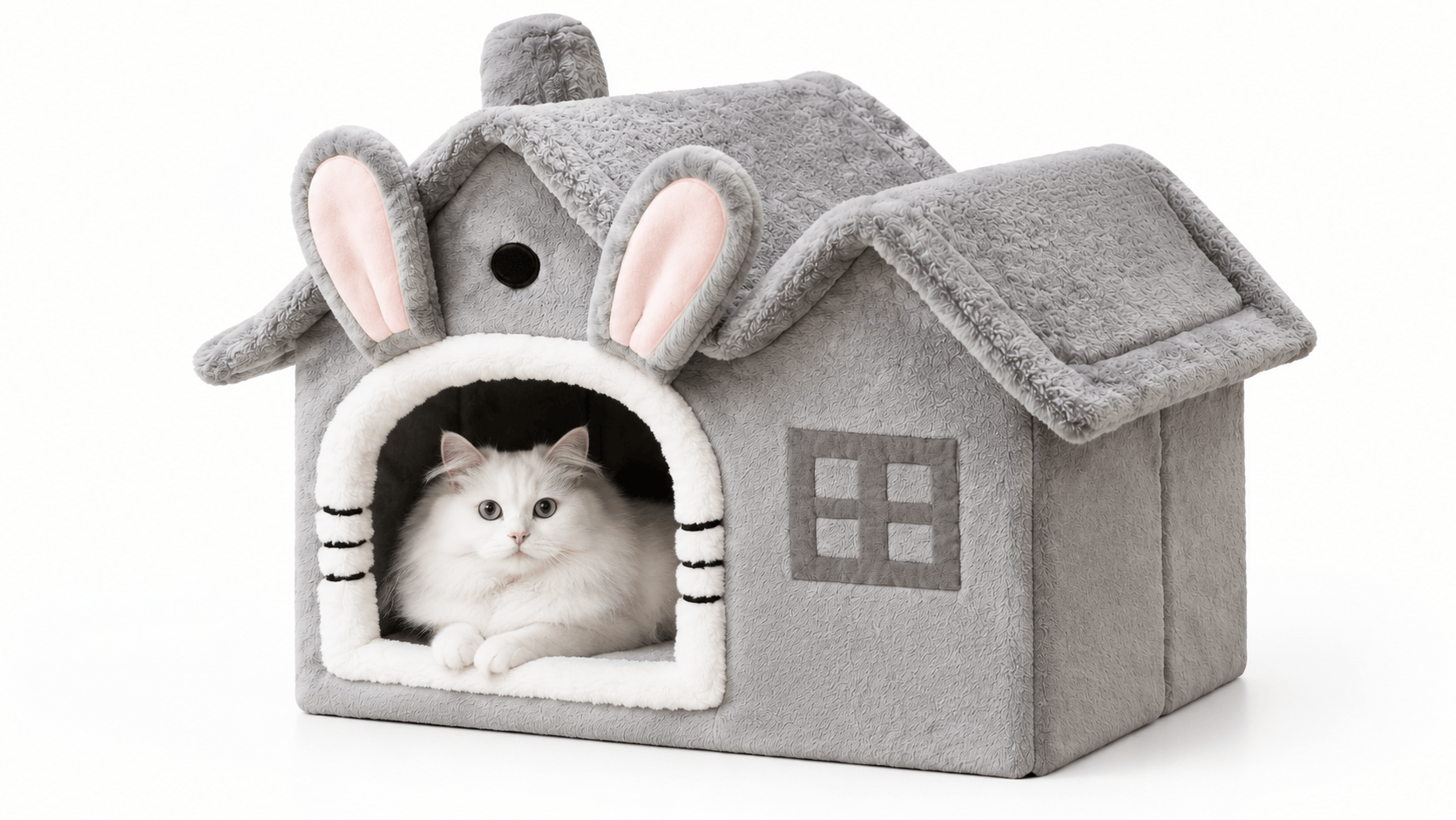 White cat inside grey rabbit cat house