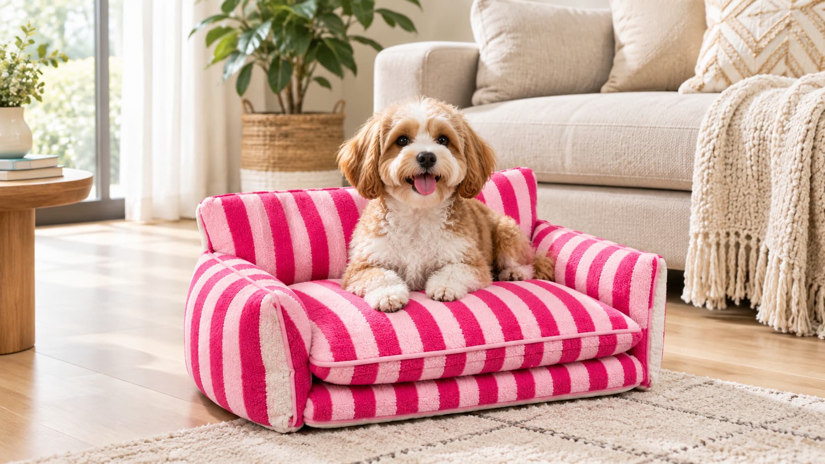 Small dog on striped pet sofa bed