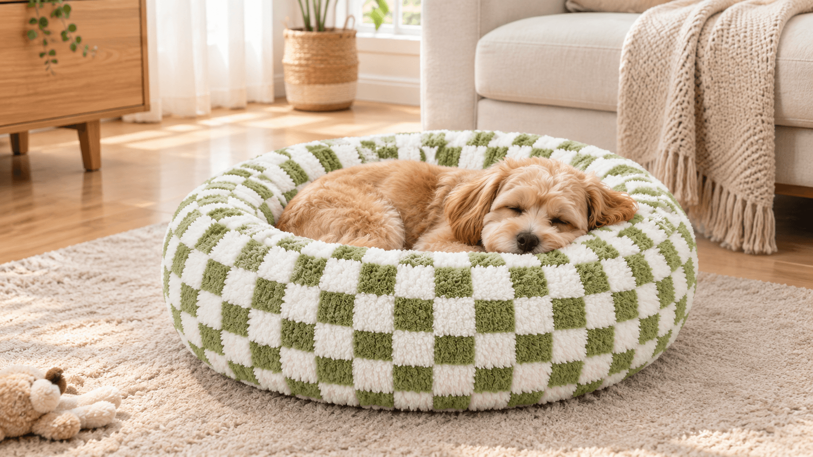 Light brown dog on checkered donut pet bed