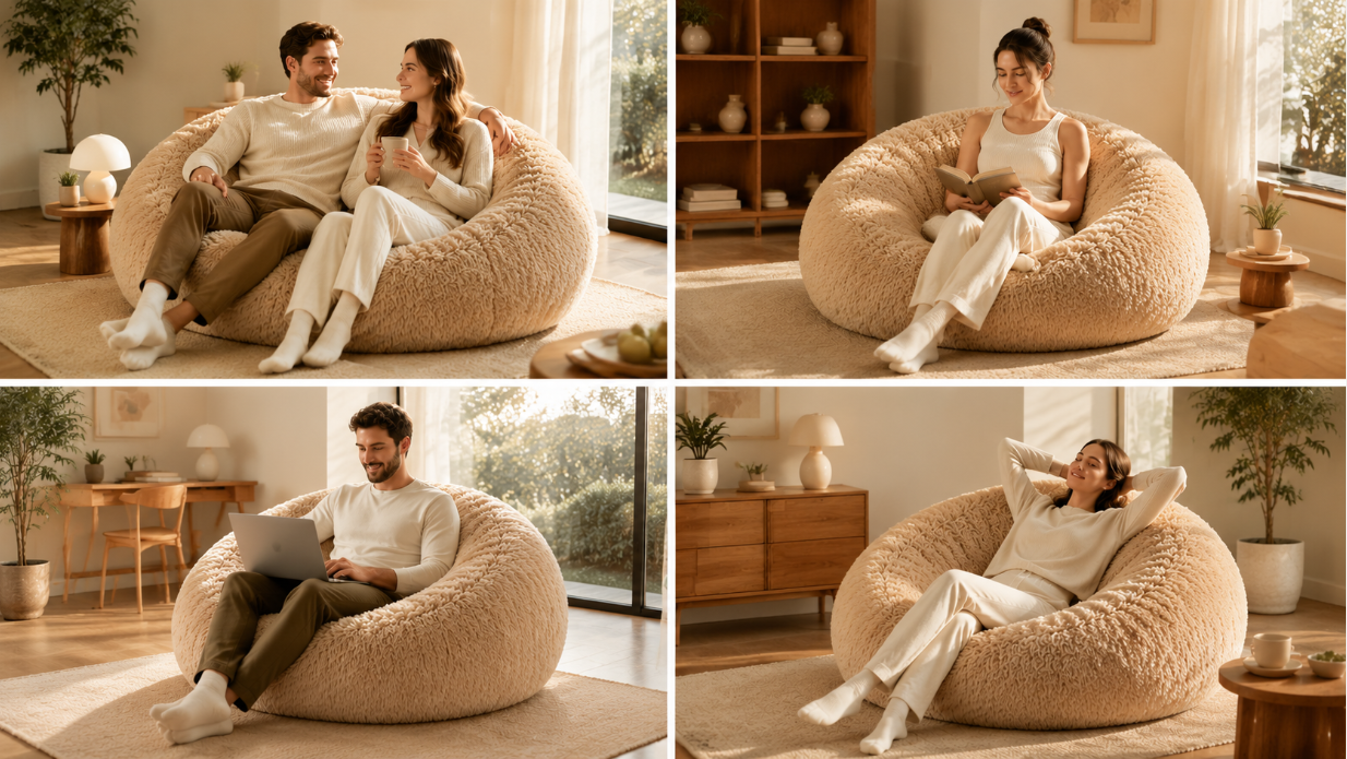 WL-BC008 khaki beige round foam filled bean bag in two usage modes