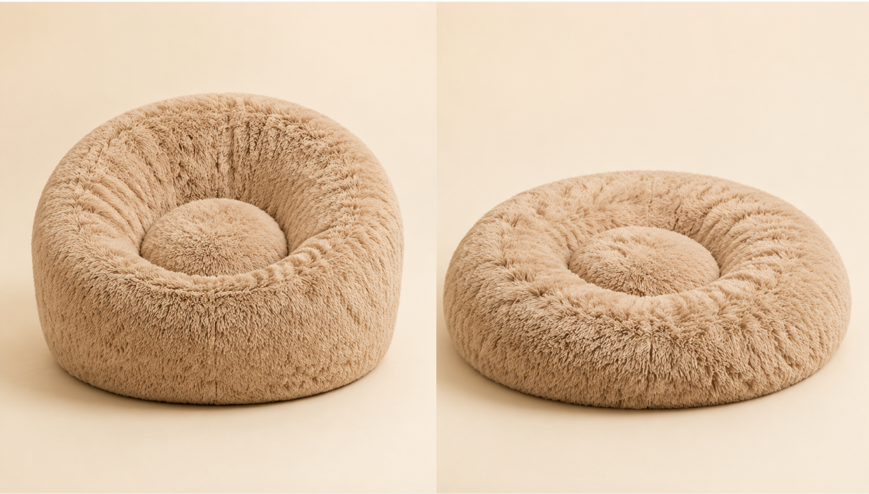 WL-BC008 khaki beige round foam filled bean bag in lifestyle scenes: apartment, game room, lounge