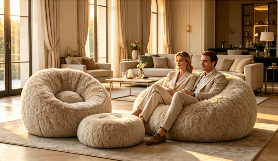 Premium round foam filled bean bag WL-BC008 in khaki beige, 40 inch diameter