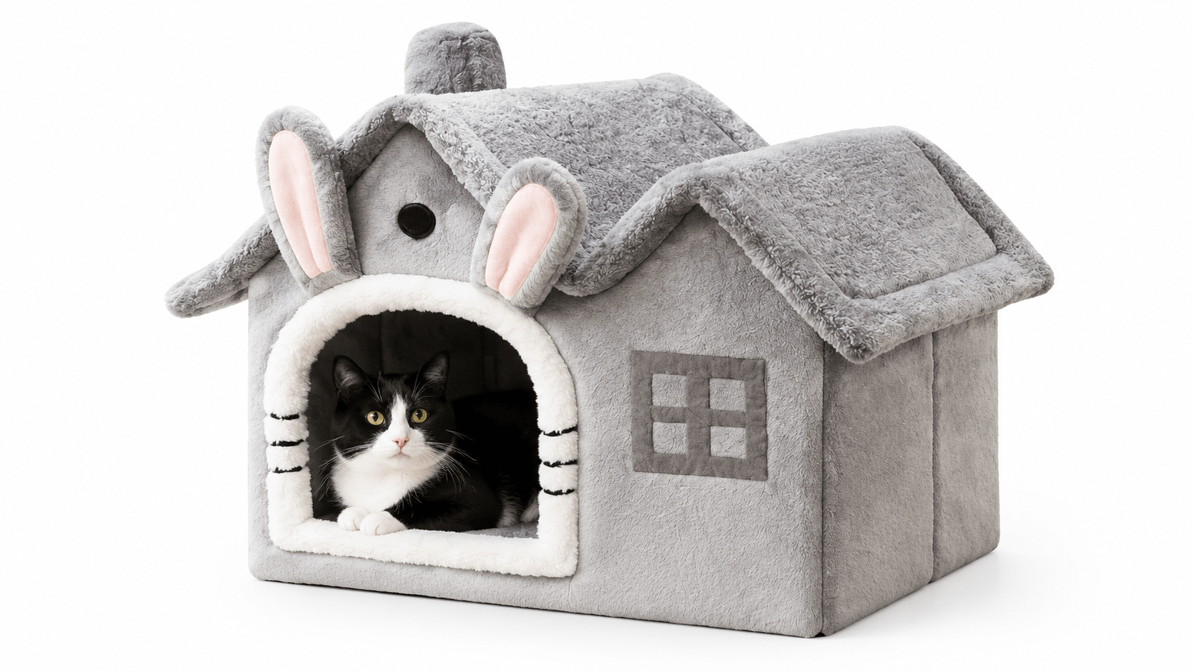 Grey plush rabbit cat house main visual