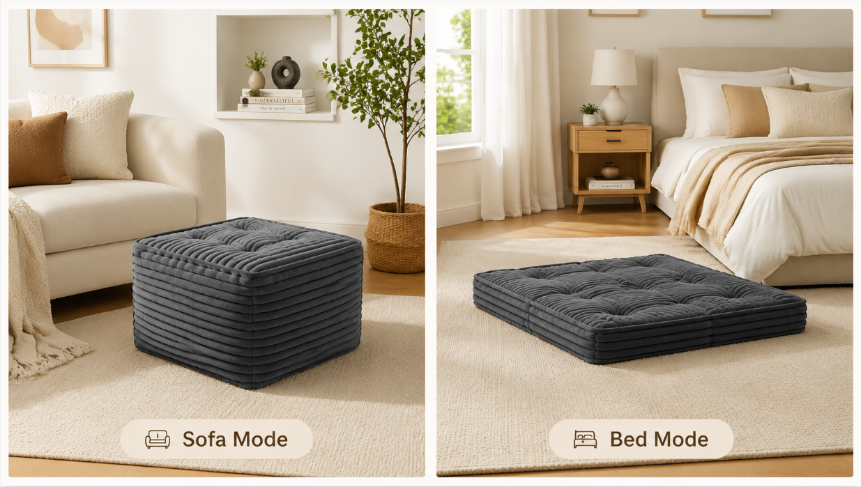 Bean bag chair with pillow in sofa mode and bed mode split screen comparison