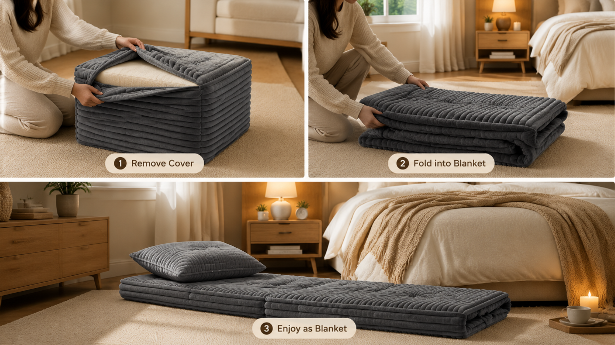Removable cover being removed from bean bag chair folding into soft blanket
