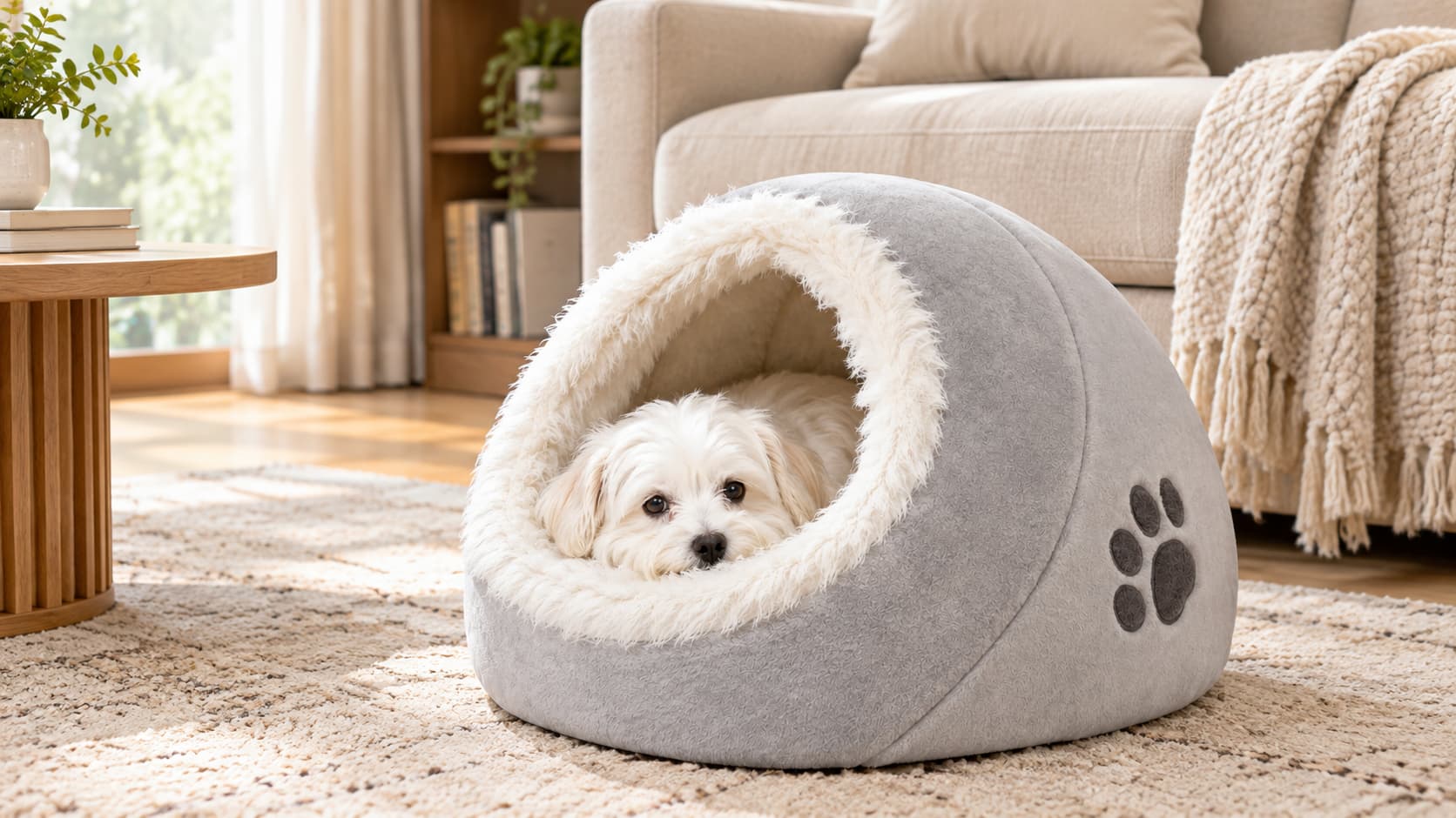 Small dog in covered pet bed