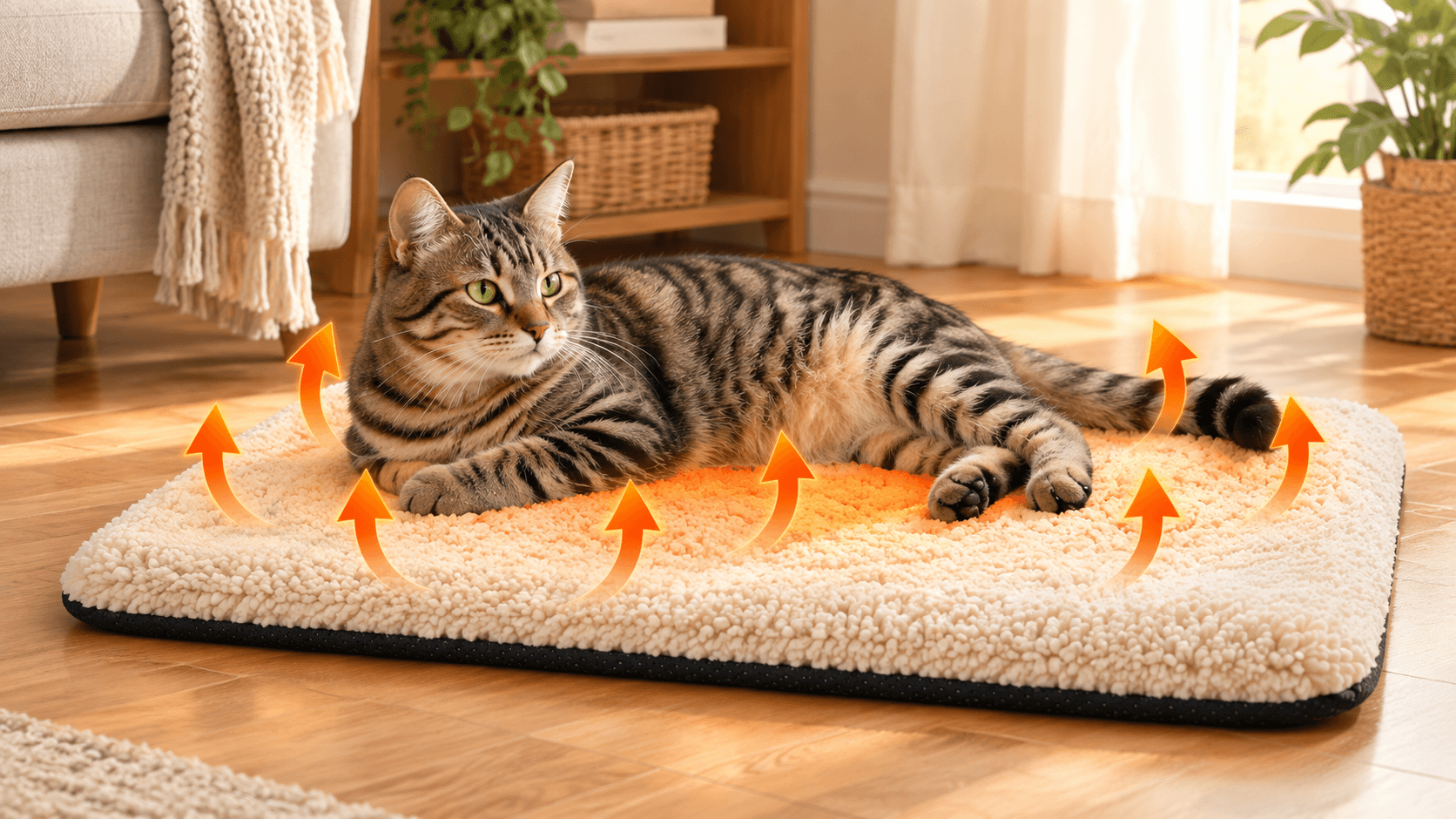 Cat on self-warming pet mat with heat arrows