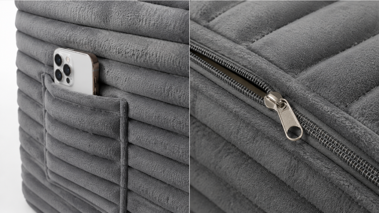 Close-up of striped fabric texture, side pocket, and zipper on warm gray bean bag chair