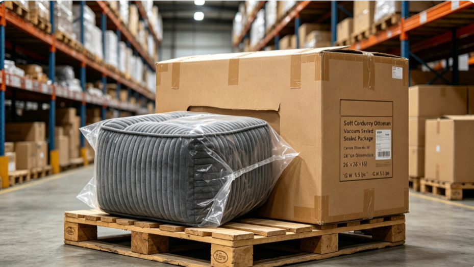 Vacuum compressed bean bag chair in carton box with FOB Ningbo label