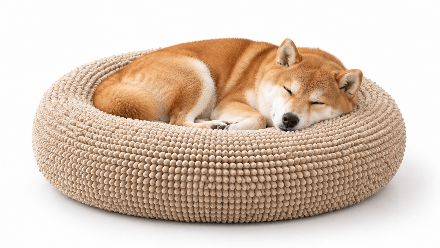 Shiba Inu on beaded donut pet bed
