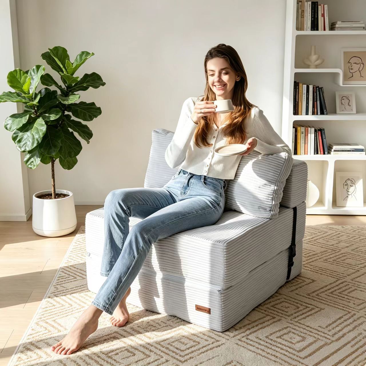 Folding compressed sofa used as a comfortable chair