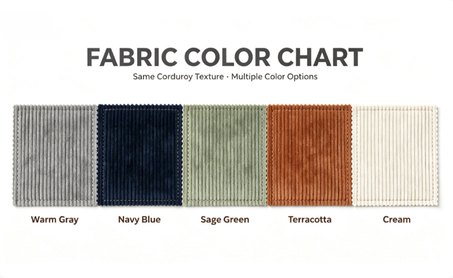 Five color swatches warm gray navy blue sage green terracotta cream of bean bag fabric