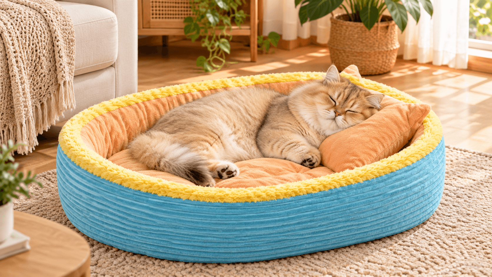 Cat resting in blue corduroy pet bed in a living room