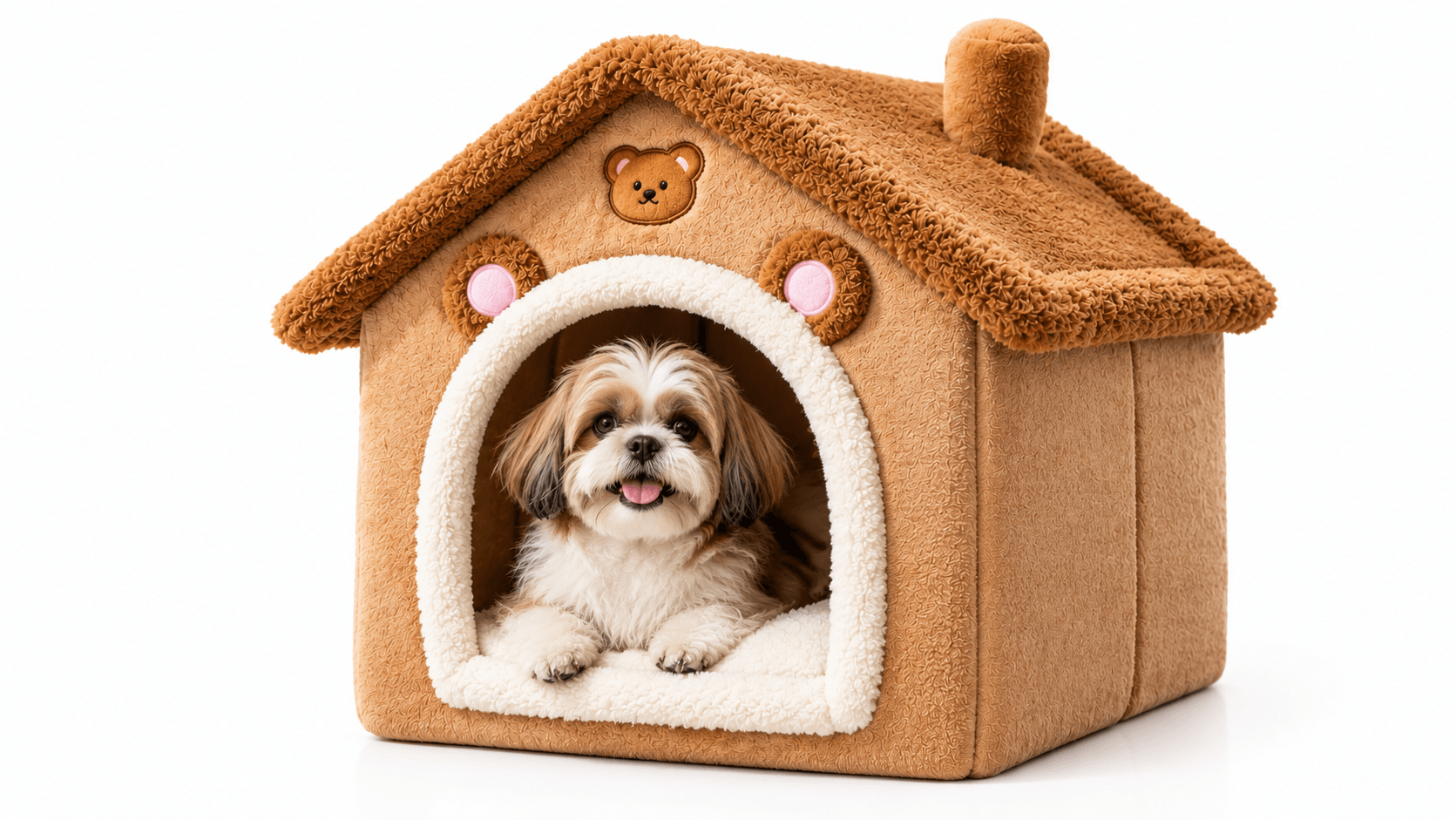 Shih Tzu in brown plush bear dog house