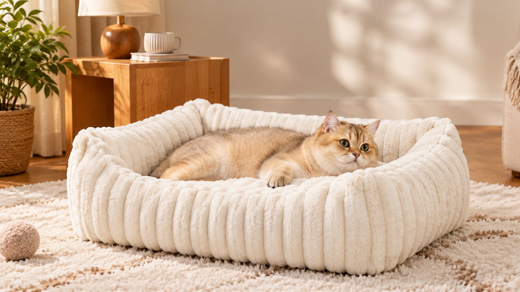 Cat on cream corduroy pet sofa bed