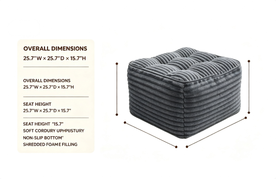 Queen size dimension diagram of bean bag chair with pillow in inches