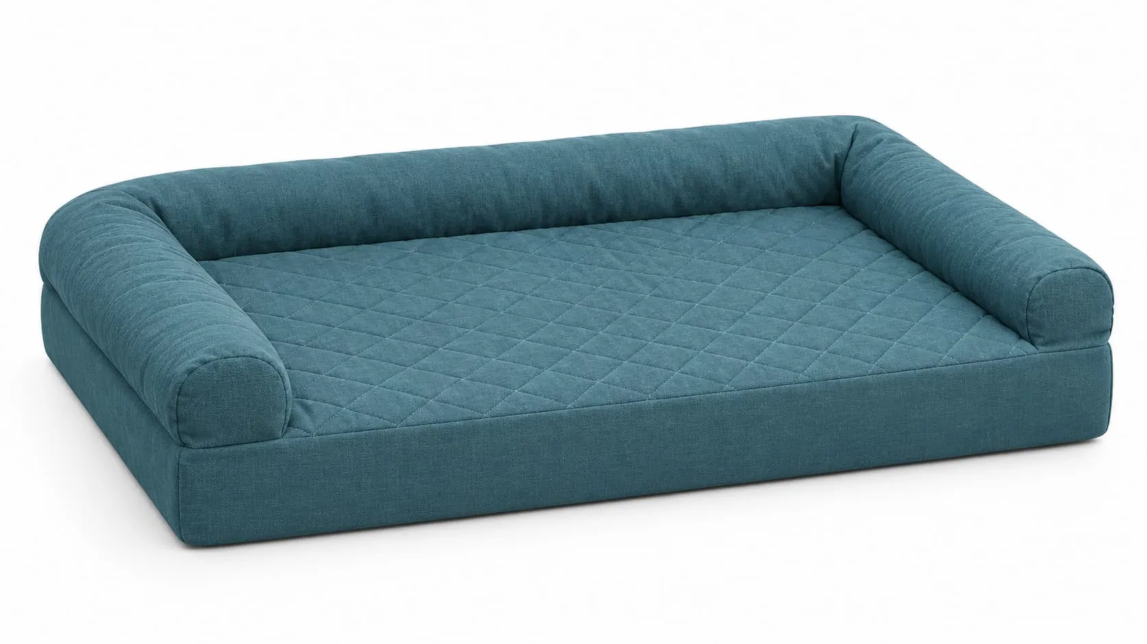 Teal blue bolster dog bed with three raised sides and one open side, quilted sleep surface