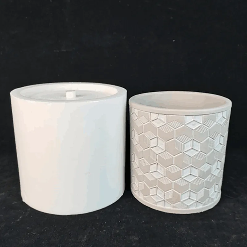 Cylindrical cement flower pot with geometric pattern silicone mold