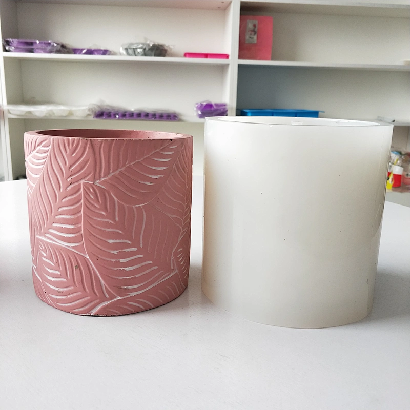 Cylindrical cement flower pot silicone mould with leaf pattern