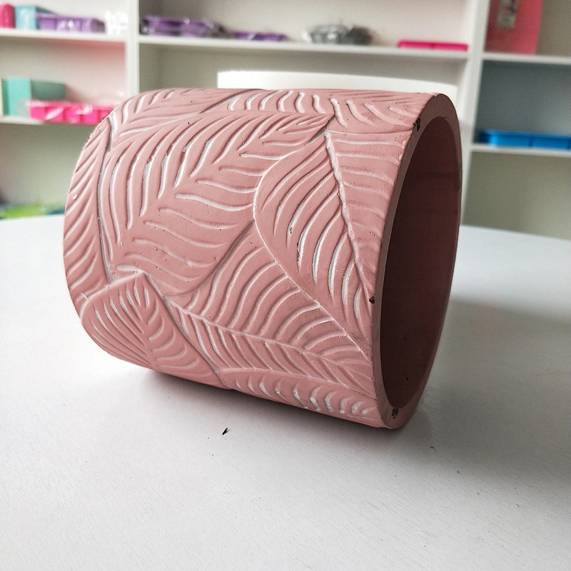 Cylindrical cement flower pot silicone mould with leaf pattern