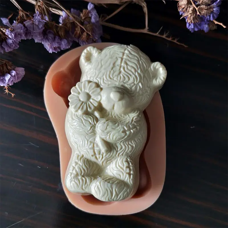 Fast Shipping Handmade 3D Bear Chrysanthemum Flower Shaped Animal Series Candle Soap Silicone Mold For Soap