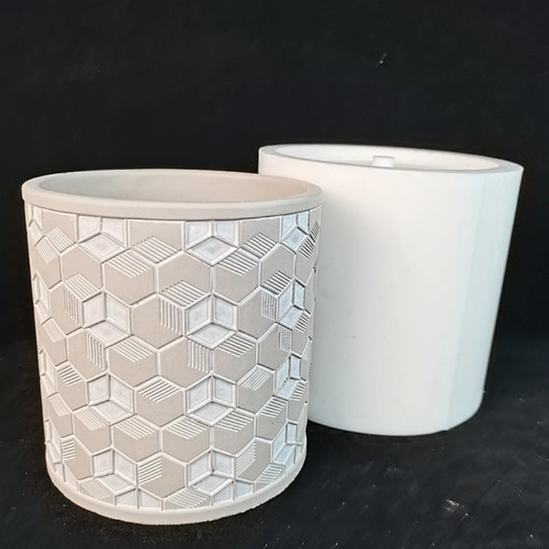 Cylindrical cement flower pot with geometric pattern silicone mold