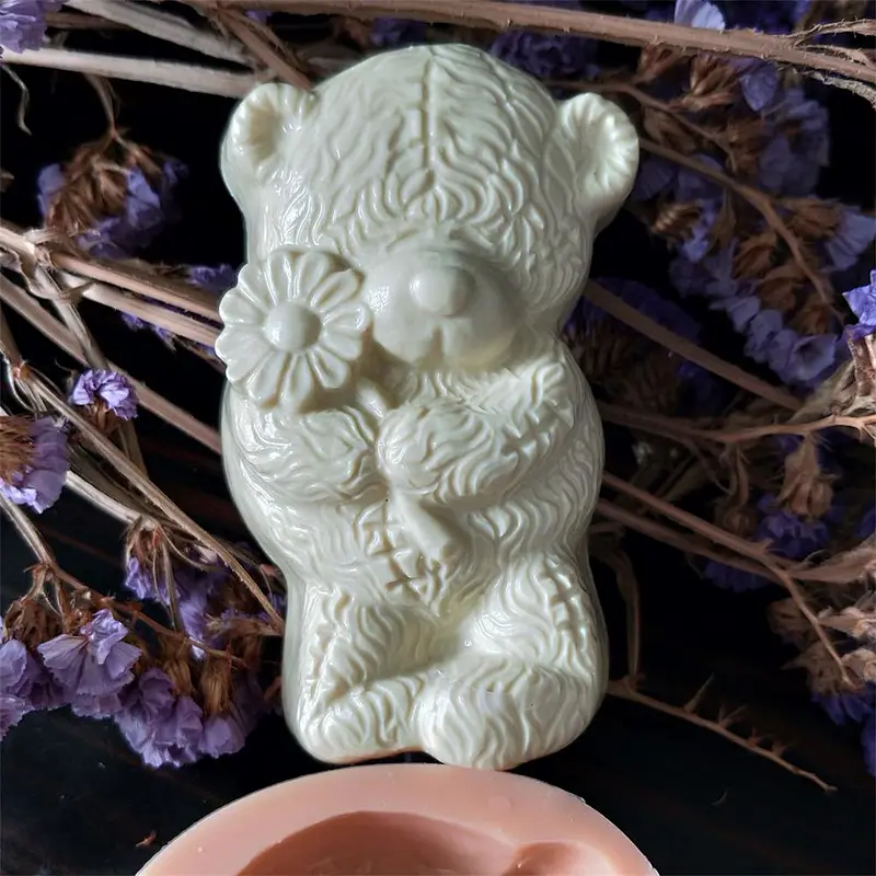 Fast Shipping Handmade 3D Bear Chrysanthemum Flower Shaped Animal Series Candle Soap Silicone Mold For Soap
