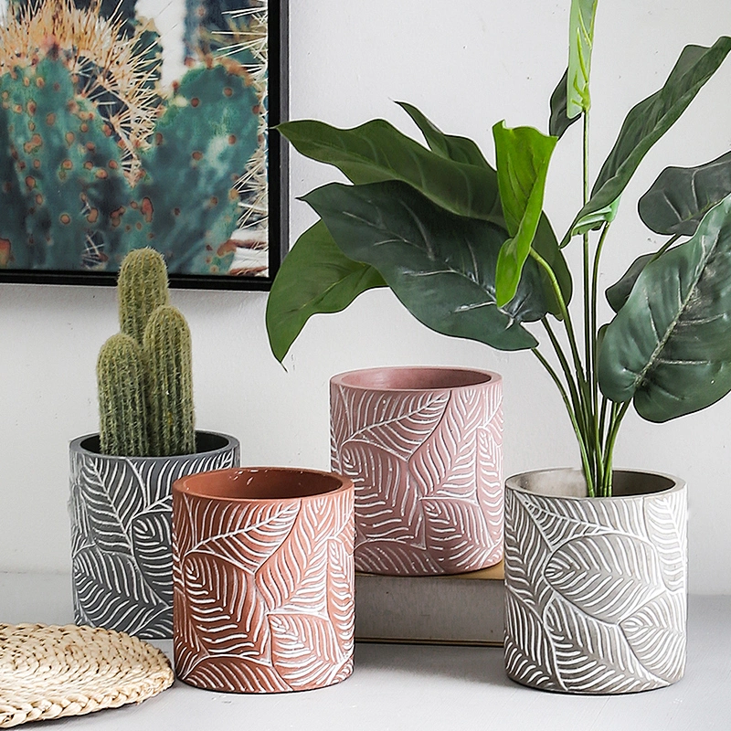 Cylindrical cement flower pot silicone mould with leaf pattern