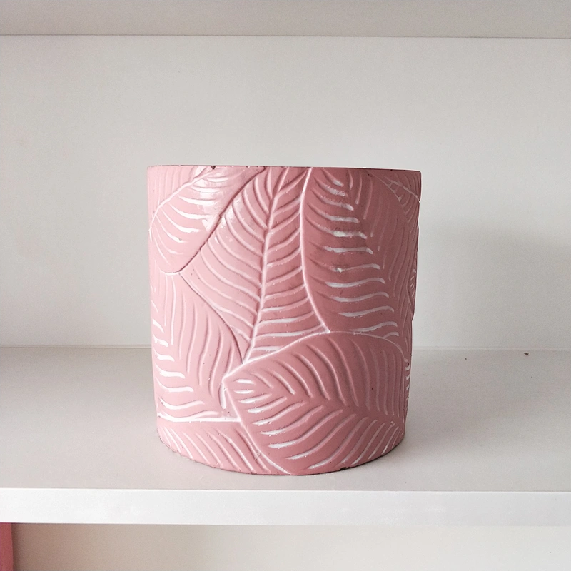 Cylindrical cement flower pot silicone mould with leaf pattern