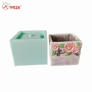 Square with rose pattern retro style cement flower pot silicone mold