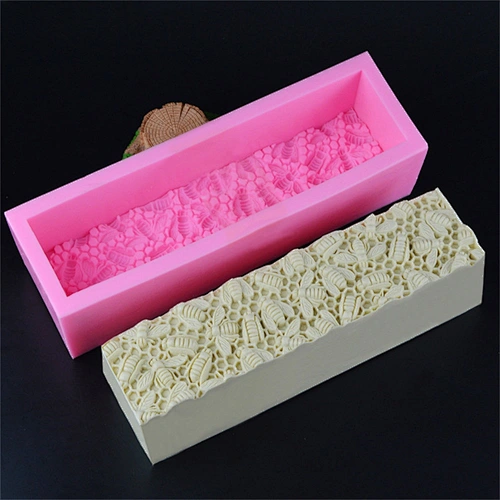 Cute 3D Bees on Honeycomb Pattern Embossing Rectangle Shaped Loaf Soap Candle Silicone Mold with Silicone Mat Model Wax