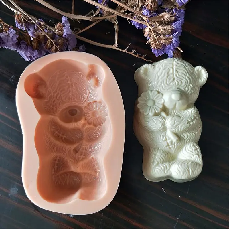 Fast Shipping Handmade 3D Bear Chrysanthemum Flower Shaped Animal Series Candle Soap Silicone Mold For Soap