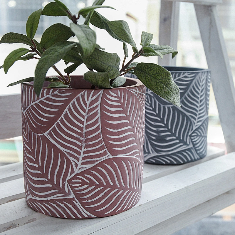 Cylindrical cement flower pot silicone mould with leaf pattern