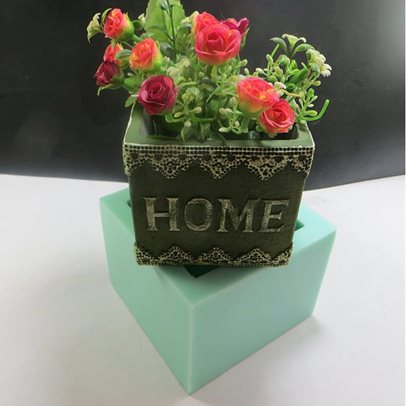 Square retro style letter pattern cement concrete flower pot silicone mold