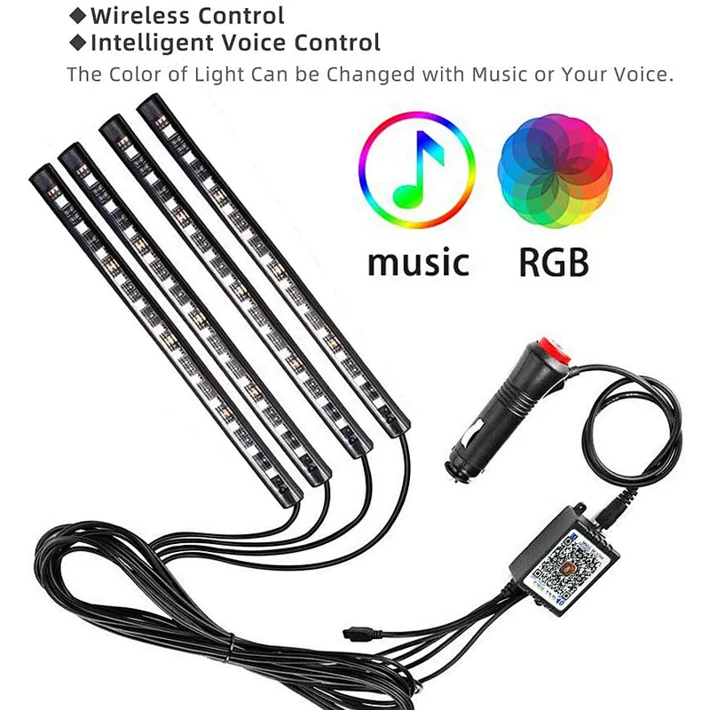 Car LED Strip Light 4 PCS Multicolor Music Car Interior Atmosphere Lights with Sound Active Function APP Controller Lighting Kits, Music Under Dash Car Lighting